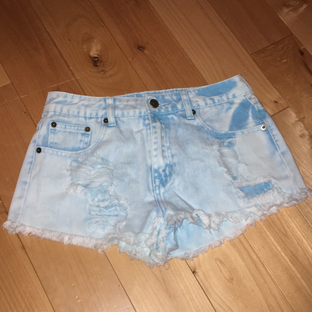 Bright blue and white acid wash jean shorts
